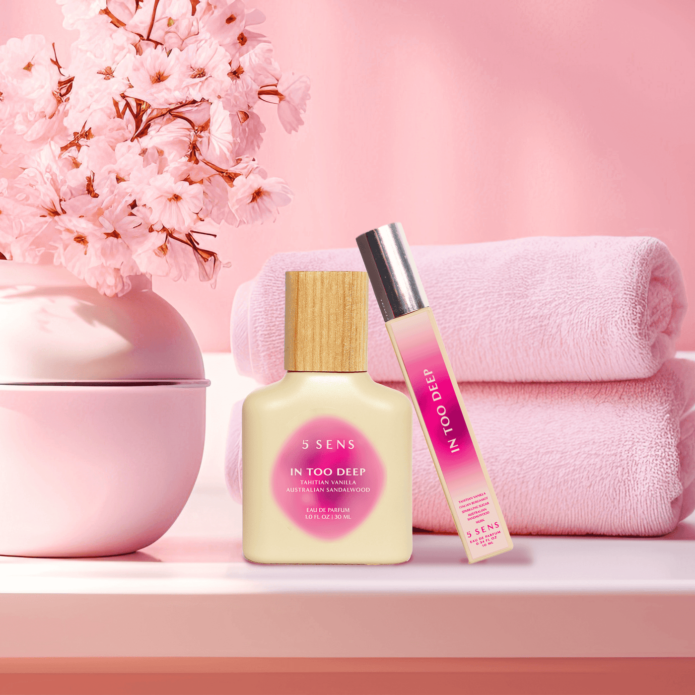 In Too Deep fragrance worn as a daily self-love ritual — warm gourmand mood