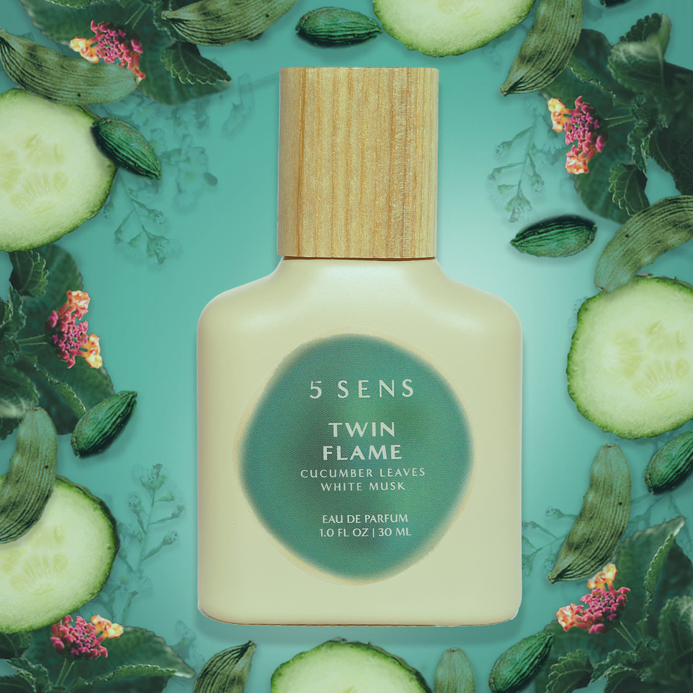 Twin Flame 30mL Eau de Parfum bottle by 5 SENS — mellow woody fragrance with sandalwood and white musk