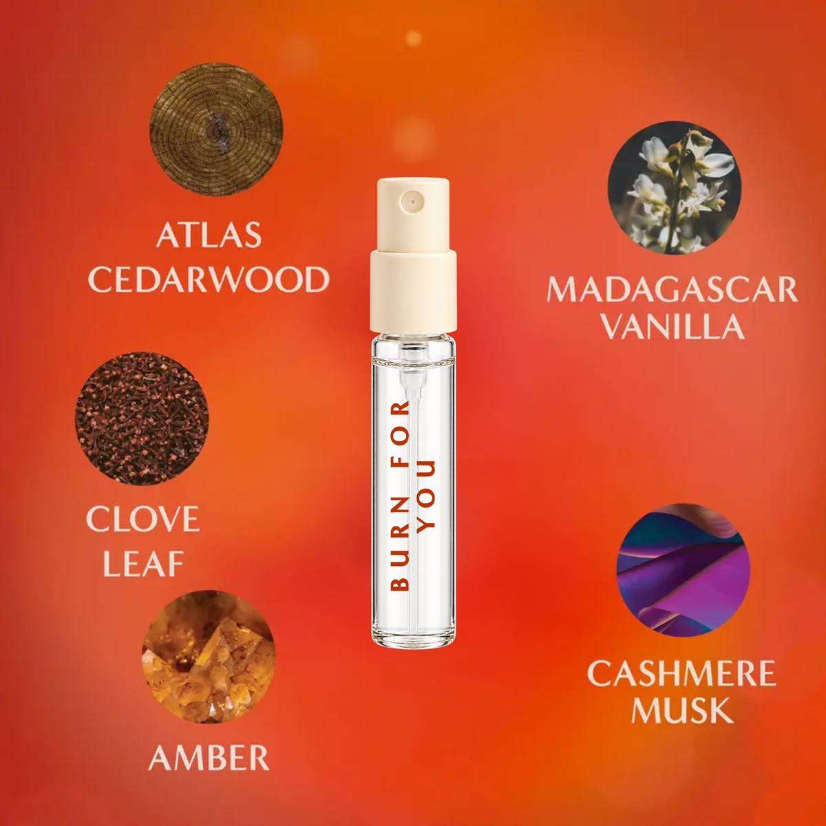 Burn for You by 5 SENS: Atlas cedarwood, Madagascar vanilla, clove leaf, cashmere musk, amber