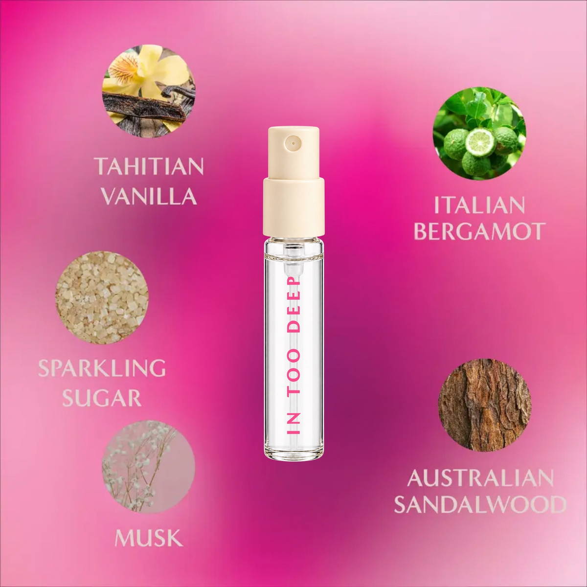 In Too Deep by 5 SENS: Tahitian vanilla, Italian bergamot, sparkling sugar, Australian sandalwood, musk