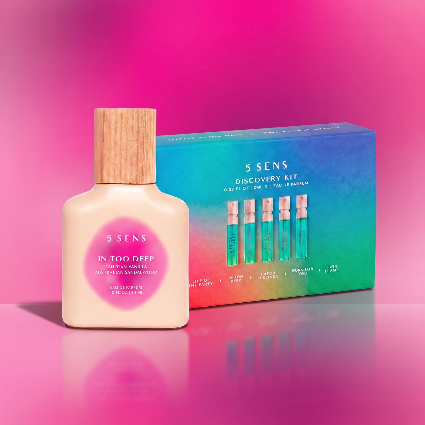 In Too Deep Discovery Set: 30mL Eau de Parfum with the 5 SENS Discovery Kit of 5 mini fragrances