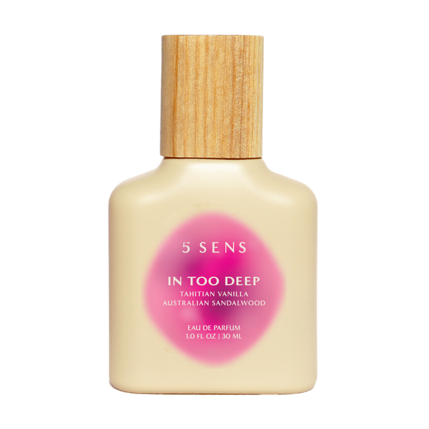 In Too Deep Eau de Parfum bottle by 5 SENS, a Tahitian vanilla and Australian sandalwood fragrance