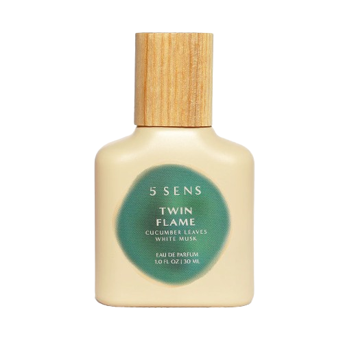 Twin Flame Eau de Parfum bottle by 5 SENS, a cucumber leaf and Indian sandalwood fragrance
