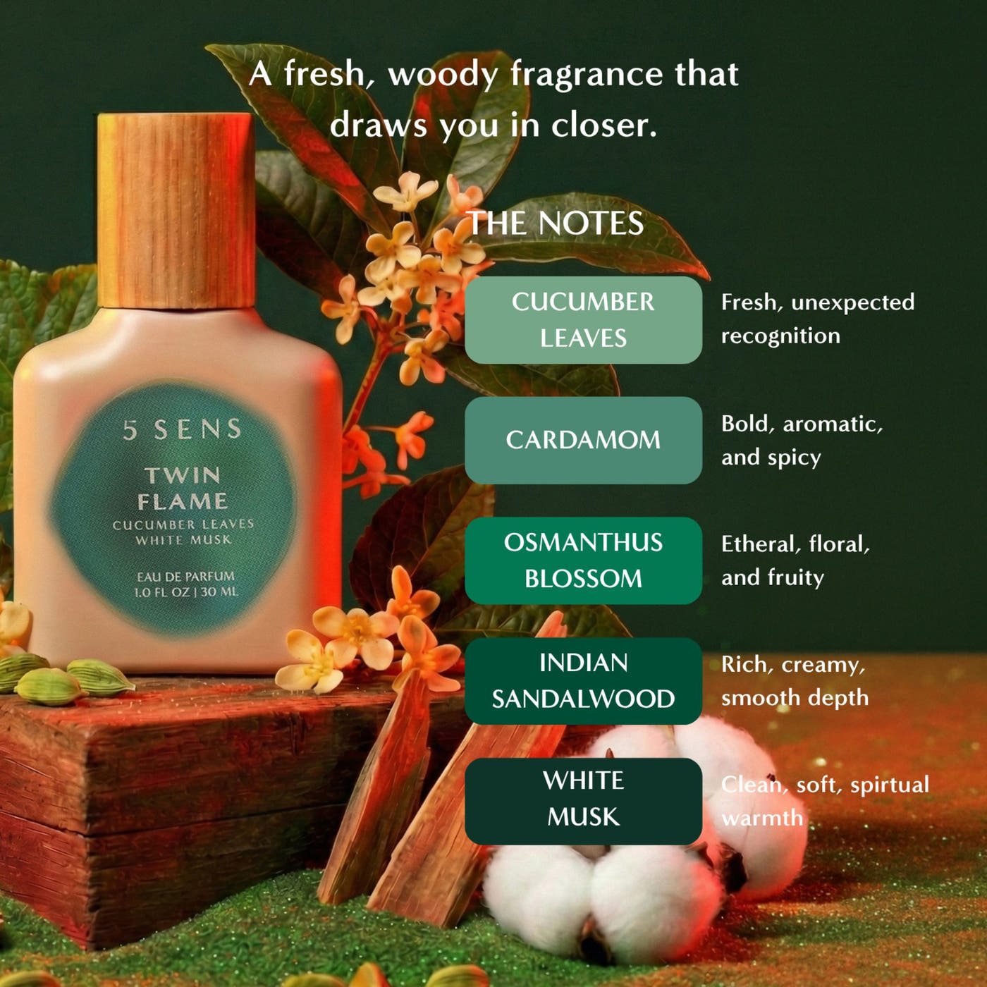 Twin Flame scent notes: cucumber leaves, Indian sandalwood and soft musk